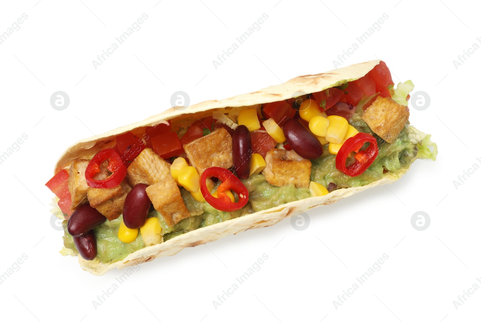Photo of Tasty vegetarian taco with beans, tofu, vegetables and guacamole isolated on white, top view