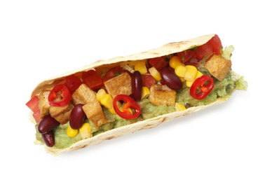 Photo of Tasty vegetarian taco with beans, tofu, vegetables and guacamole isolated on white, top view