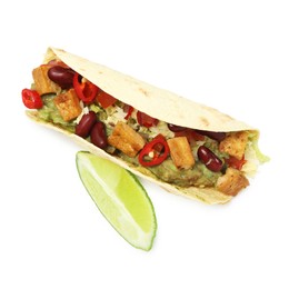 Photo of Tasty vegetarian taco with beans, tofu, vegetables, guacamole and lime isolated on white, top view