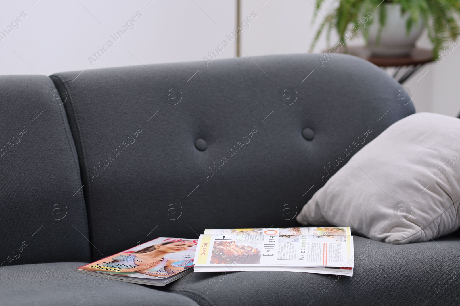 Lifestyle magazines on sofa indoors, closeup view Photo of Lifestyle magazines on sofa indoors, closeup view