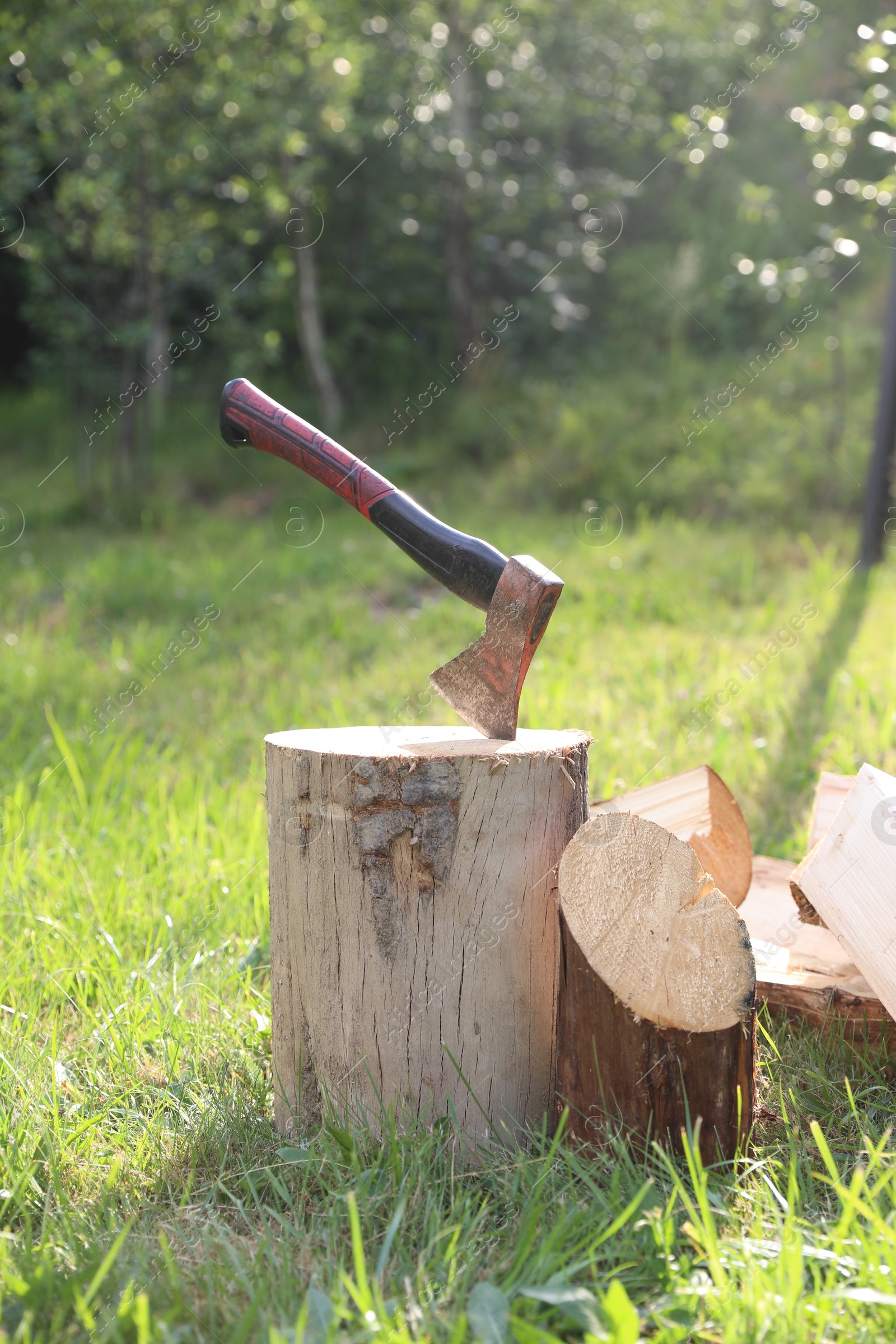 Photo of Metal axe, chopped firewood and wooden log on green grass outdoors