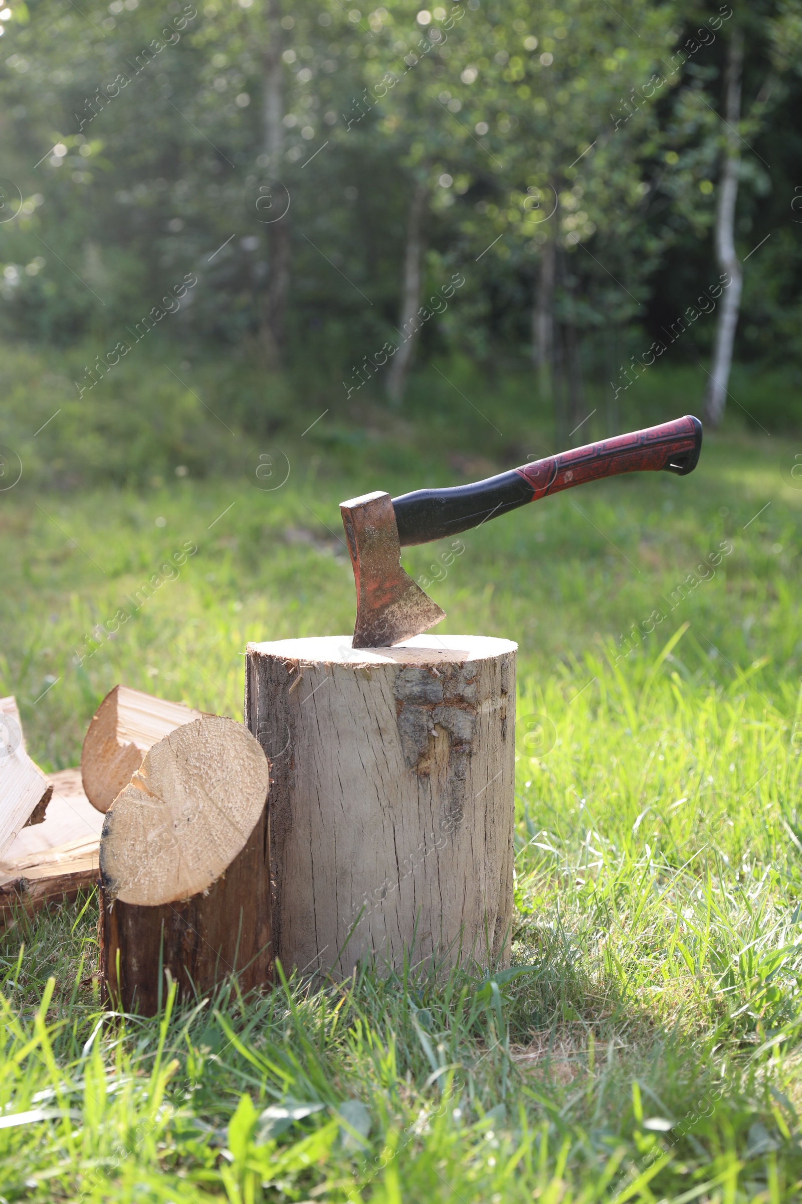 Photo of Metal axe, chopped firewood and wooden log on green grass outdoors