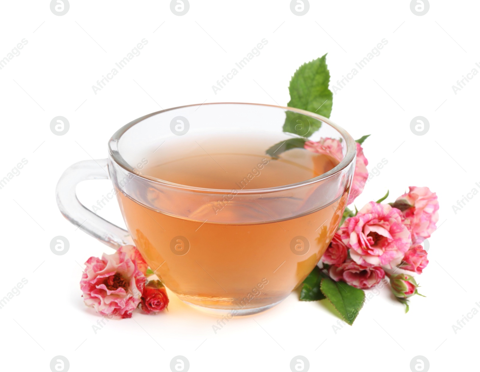 Photo of Tasty rose tea in glass cup and flowers isolated on white