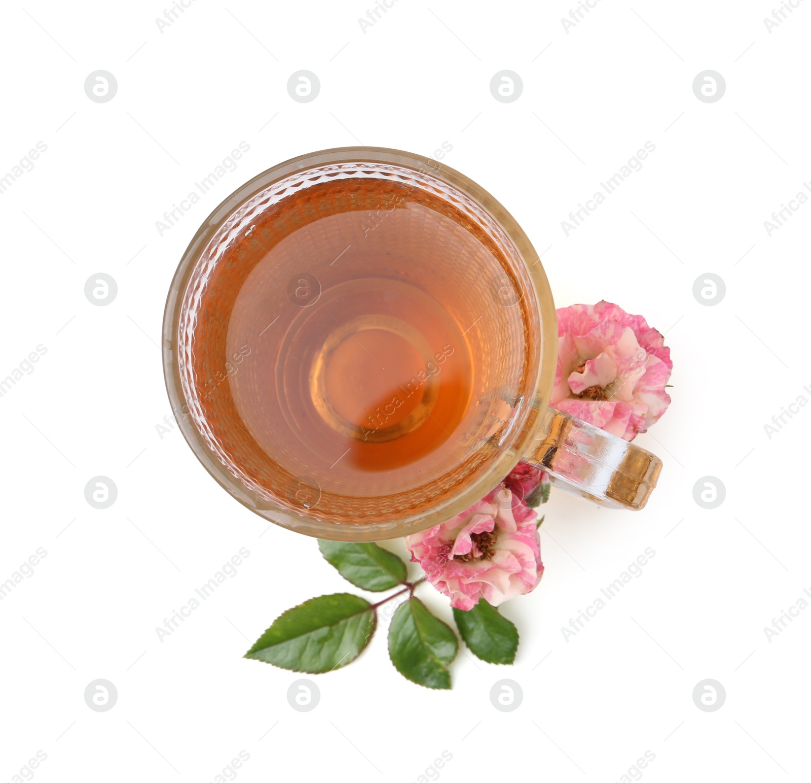 Tasty rose tea in glass cup, flowers and sprig with leaves isolated on white, top view Photo of Tasty rose tea in glass cup, flowers and sprig with leaves isolated on white, top view