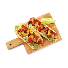 Photo of Tasty vegetarian tacos with beans, tofu, vegetables and lime isolated on white, top view