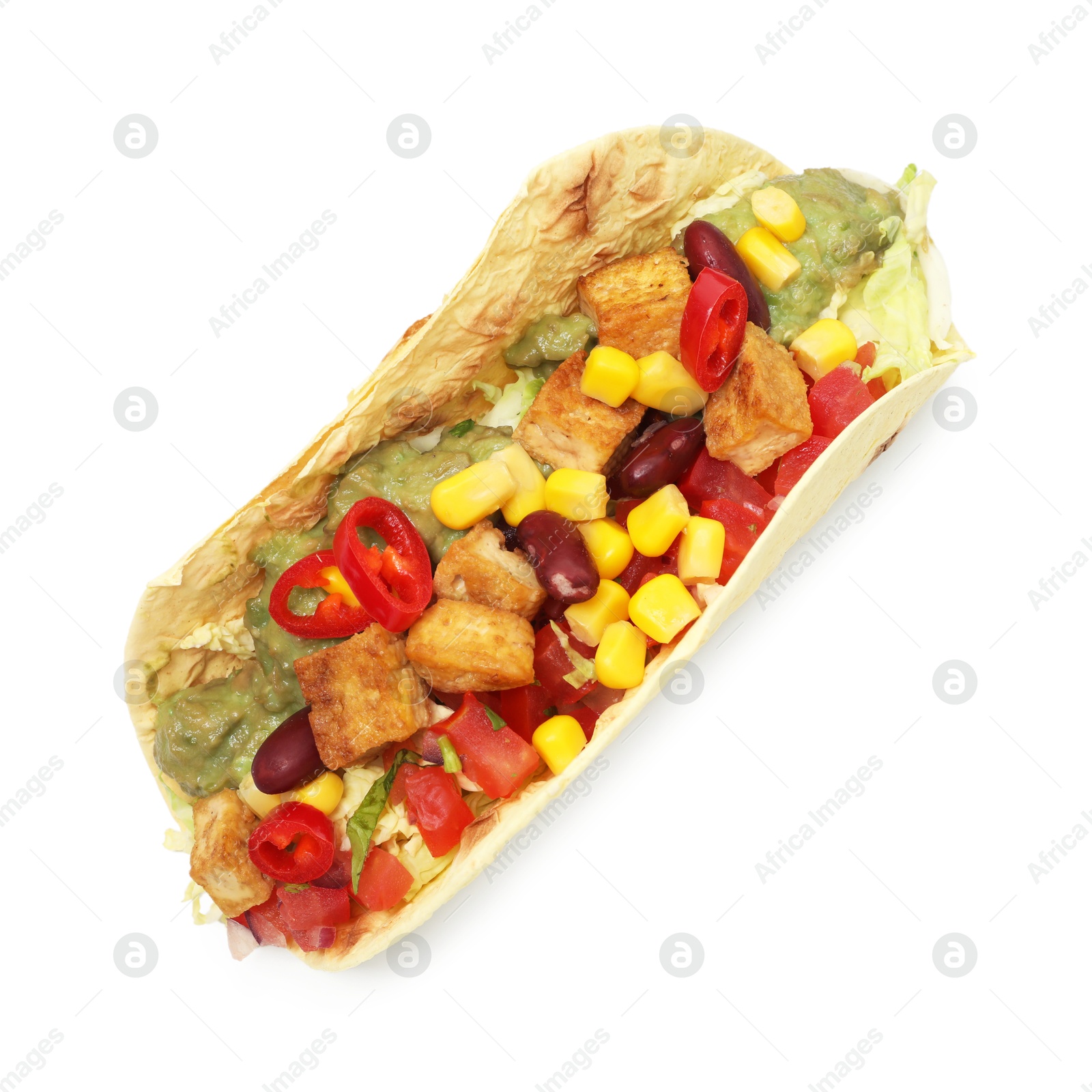 Photo of Tasty vegetarian taco with beans, tofu, vegetables and guacamole isolated on white, top view