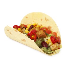Photo of Tasty vegetarian taco with beans, tofu, vegetables and guacamole isolated on white