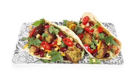 Photo of Tasty vegetarian tacos with falafel, tofu, beans and vegetables isolated on white