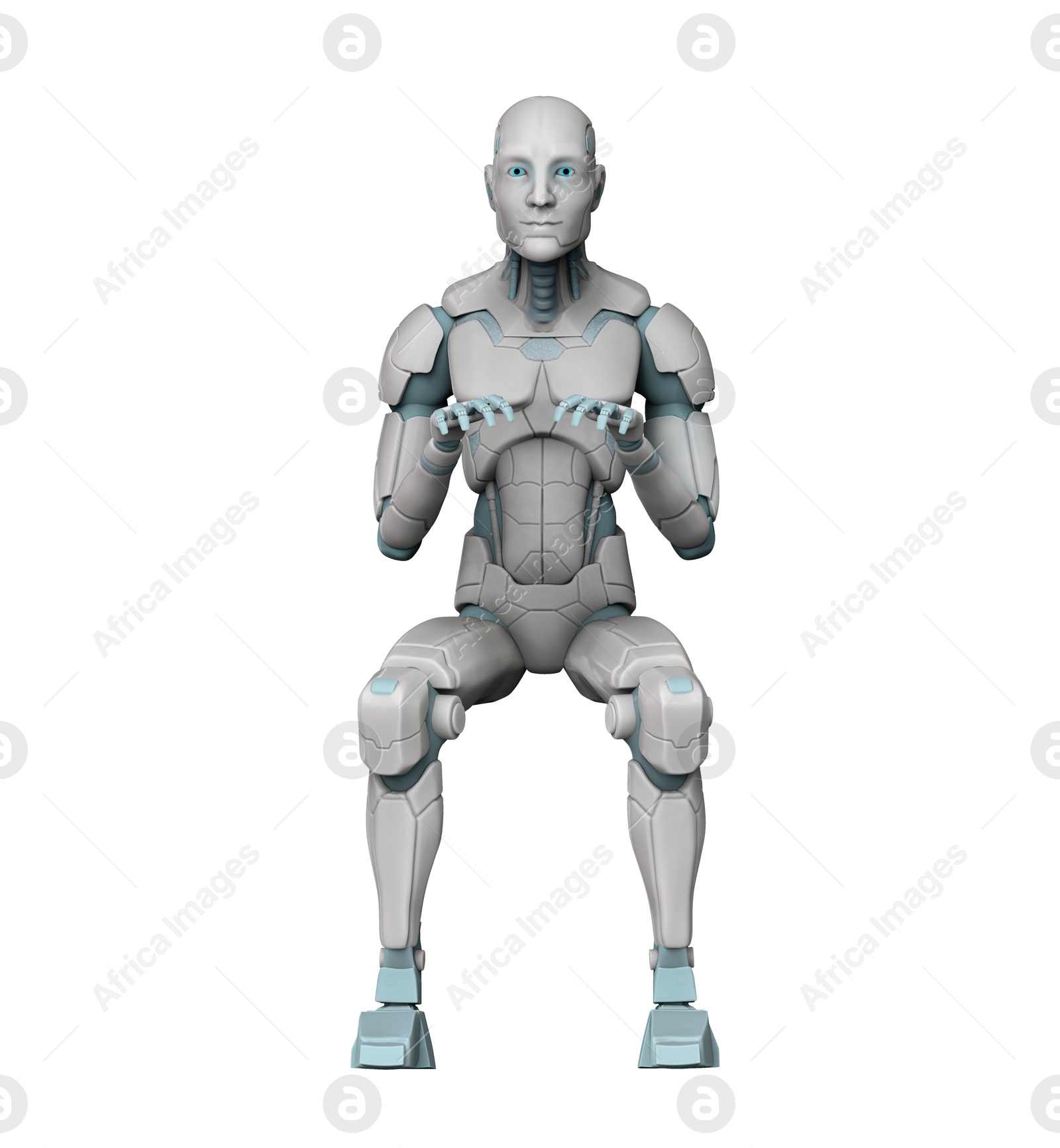 Illustration of Human-like robot holding something in hands against white background