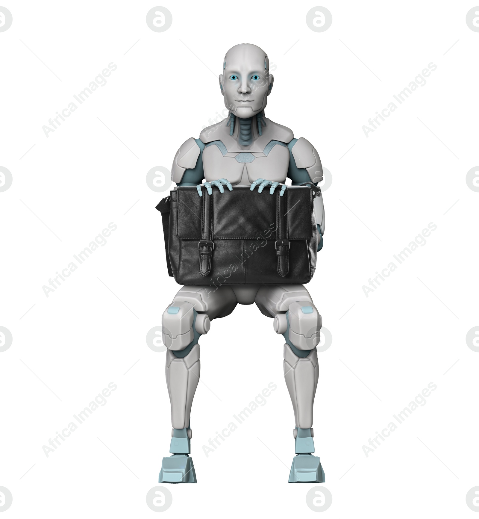Illustration of Human-like robot with bag sitting on white background