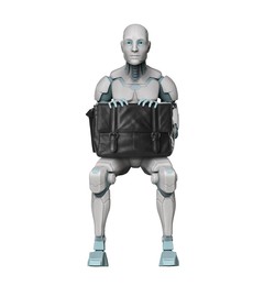 Illustration of Human-like robot with bag sitting on white background