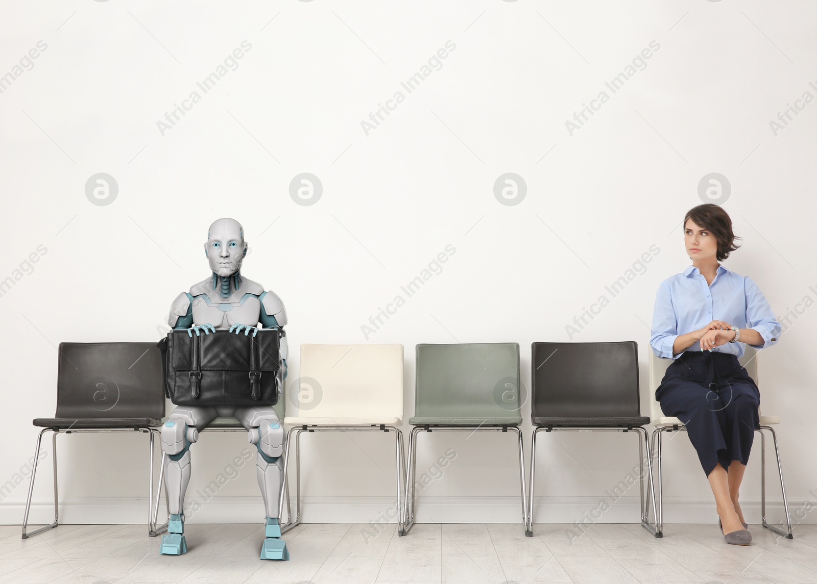 Image of Young woman and robot waiting for job interview. Replacing human workers with artificial intelligence