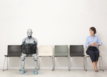 Image of Young woman and robot waiting for job interview. Replacing human workers with artificial intelligence