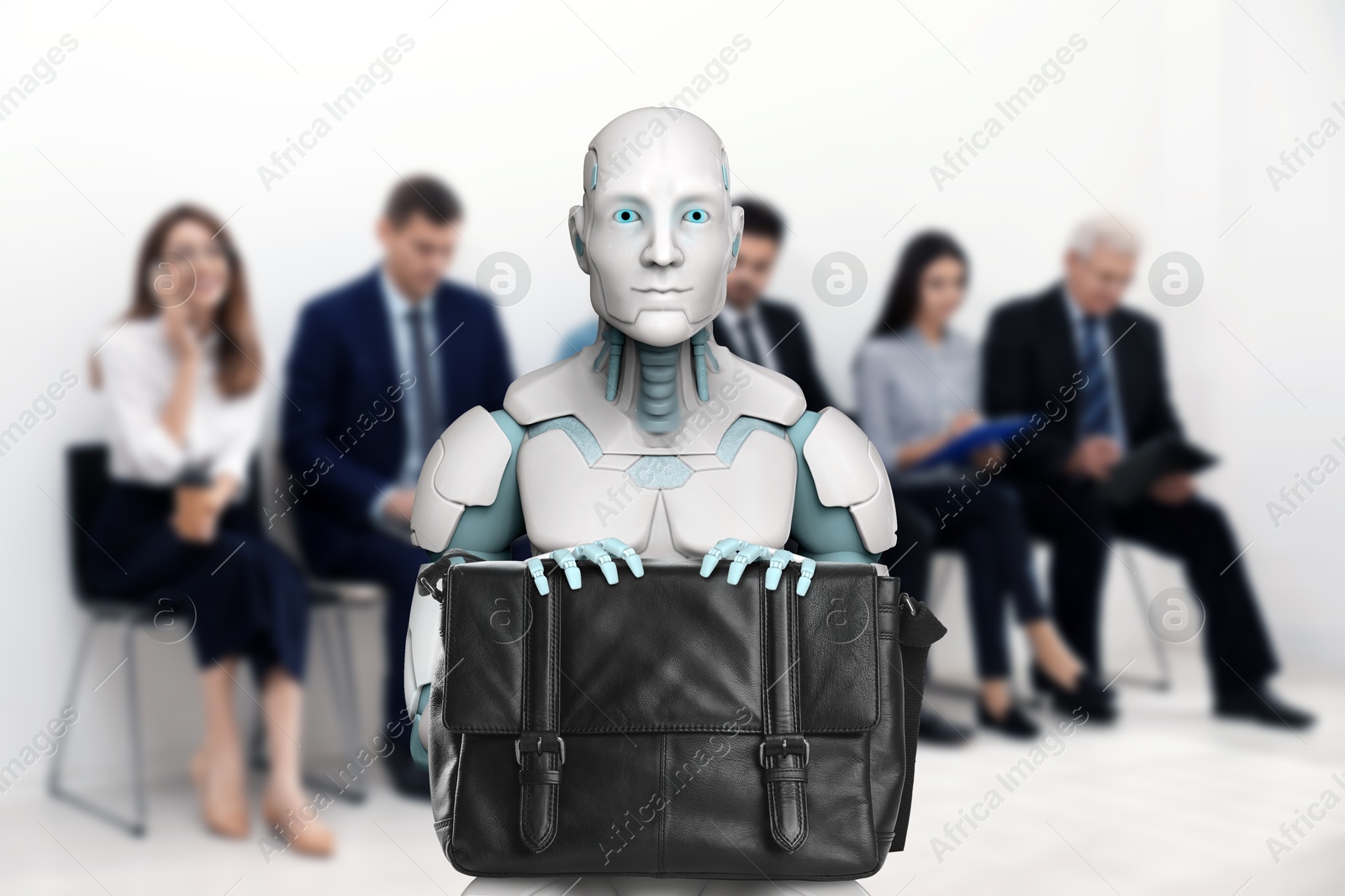 Image of Robot with bag against group of people waiting for job interview, selective focus. Artificial intelligence in recruitment