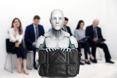 Image of Robot with bag against group of people waiting for job interview, selective focus. Artificial intelligence in recruitment