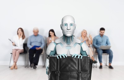 Image of Robot with bag against group of people waiting for job interview, selective focus. Artificial intelligence in recruitment