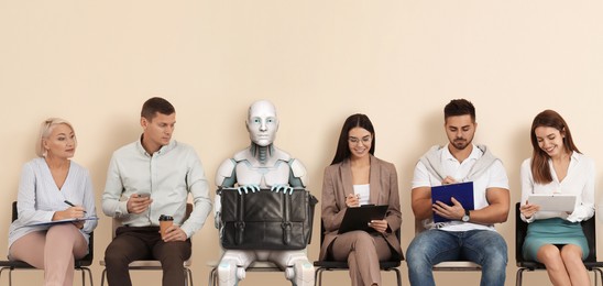 Image of Robot and people waiting for job interview. Replacing human workers with artificial intelligence