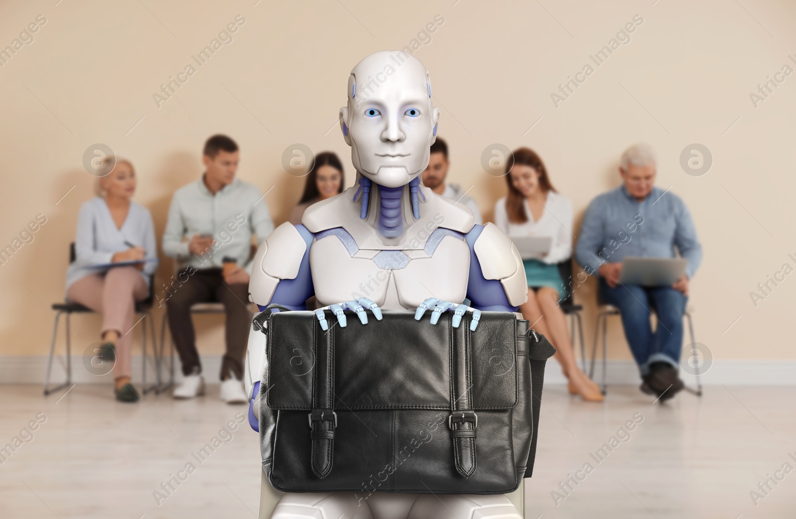 Image of Robot with bag against group of people waiting for job interview, selective focus. Artificial intelligence in recruitment