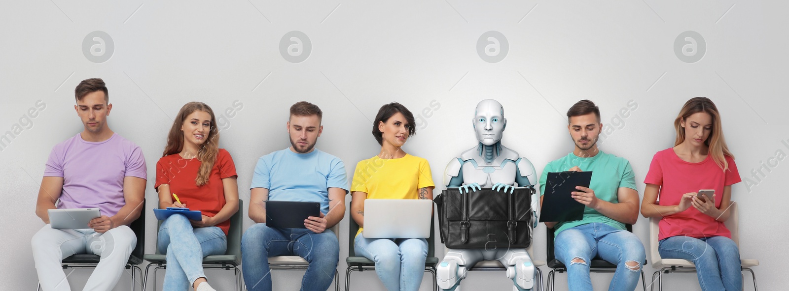 Robot and people waiting for job interview. Replacing human workers with artificial intelligence Image of Robot and people waiting for job interview. Replacing human workers with artificial intelligence