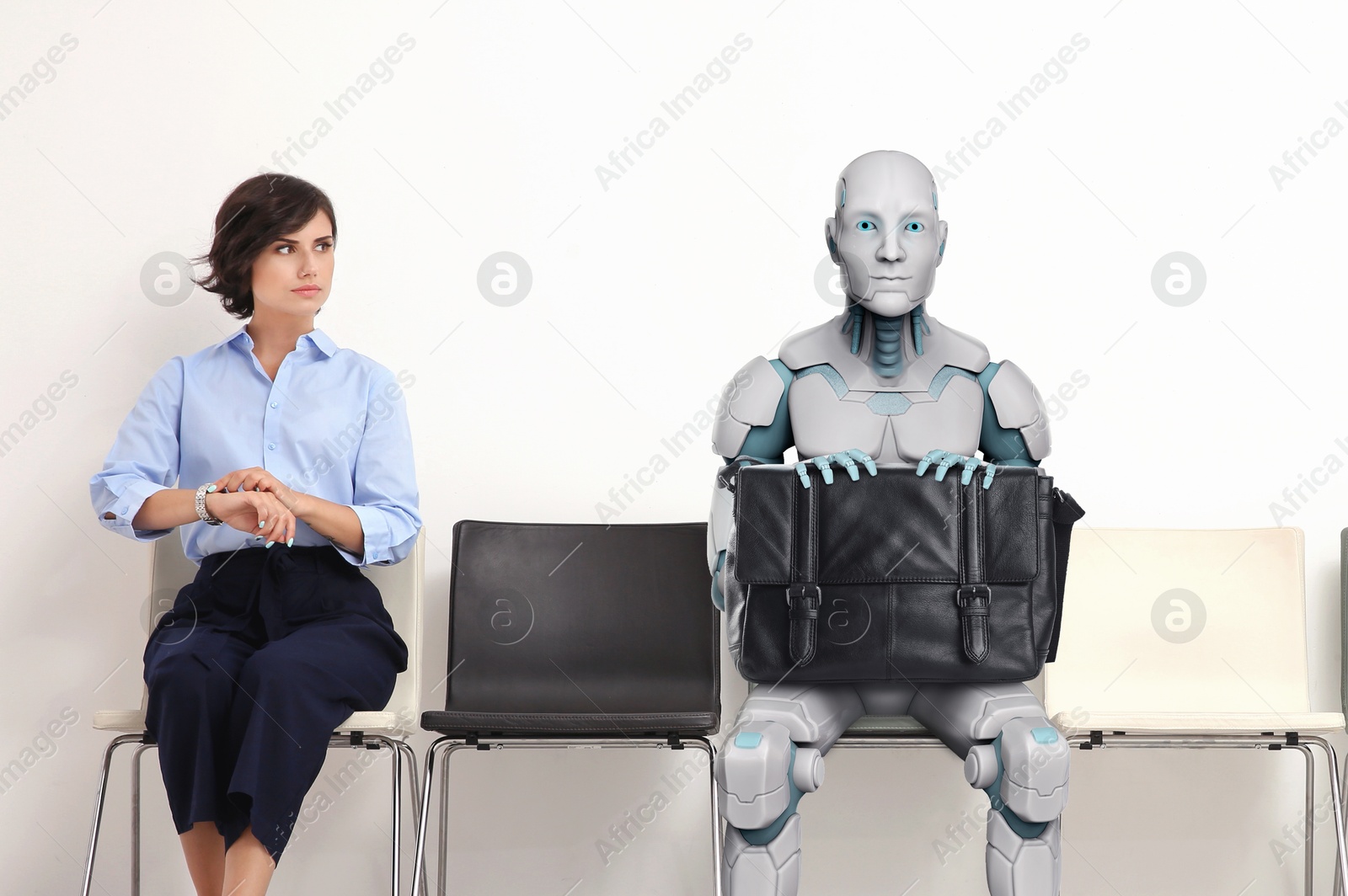 Image of Young woman and robot waiting for job interview. Replacing human workers with artificial intelligence