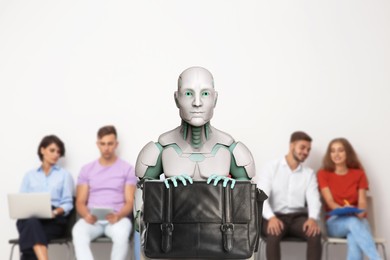 Image of Robot with bag against group of people waiting for job interview, selective focus. Artificial intelligence in recruitment