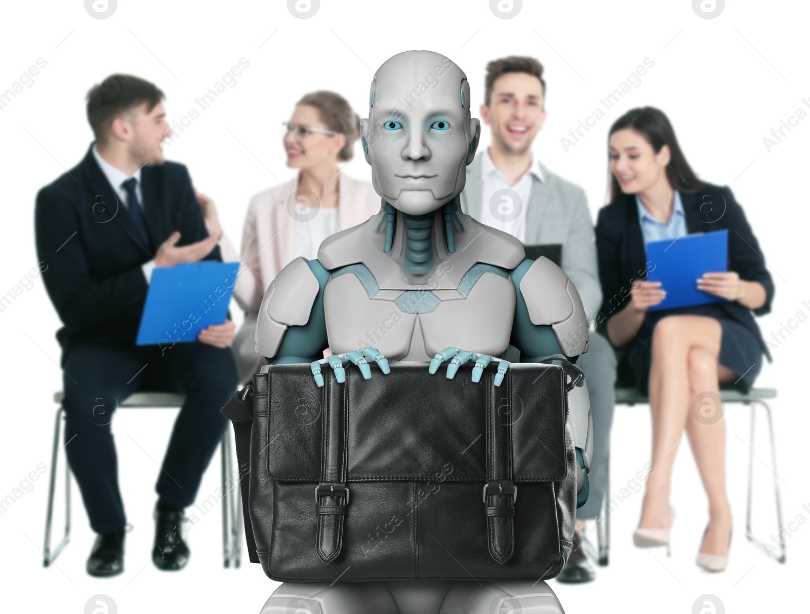 Image of Robot with bag against group of people waiting for job interview, selective focus. Artificial intelligence in recruitment