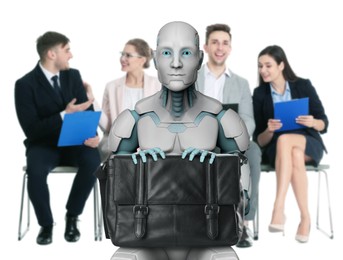 Image of Robot with bag against group of people waiting for job interview, selective focus. Artificial intelligence in recruitment