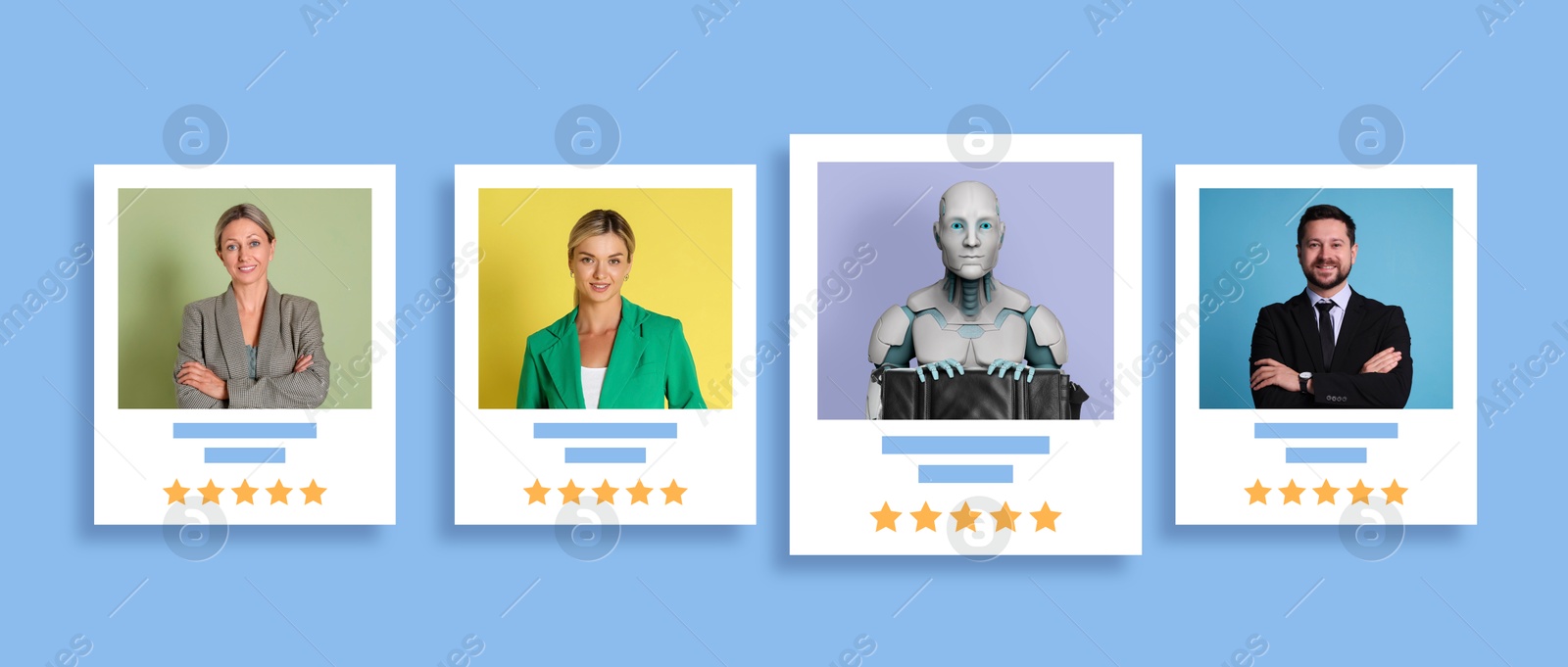 Image of Robot among human candidates. Resumes for recruiter on light blue background. Artificial intelligence in recruitment