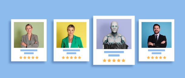 Image of Robot among human candidates. Resumes for recruiter on light blue background. Artificial intelligence in recruitment