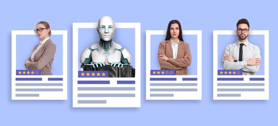 Image of Robot among human candidates. Resumes for recruiter on light blue background. Artificial intelligence in recruitment