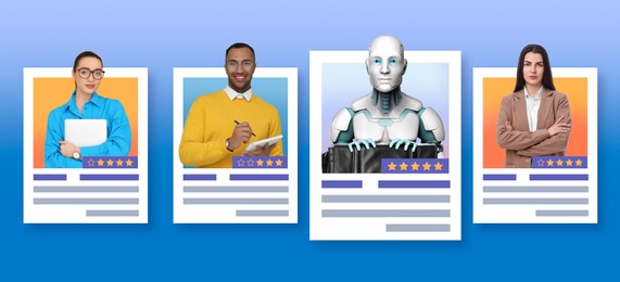 Image of Robot among human candidates. Resumes for recruiter on light blue background. Artificial intelligence in recruitment