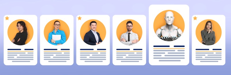 Image of Robot among human candidates. Resumes for recruiter on light blue background. Artificial intelligence in recruitment
