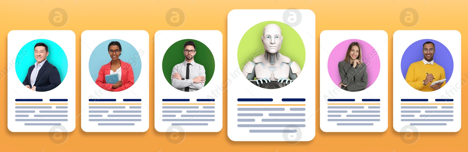 Image of Robot among human candidates. Resumes for recruiter on orange gradient background. Artificial intelligence in recruitment
