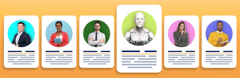 Image of Robot among human candidates. Resumes for recruiter on orange gradient background. Artificial intelligence in recruitment