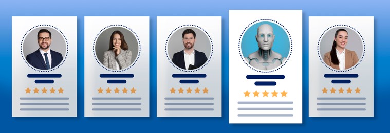 Image of Robot among human candidates. Resumes for recruiter on light blue background. Artificial intelligence in recruitment
