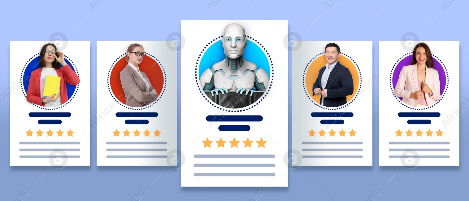 Robot among human candidates. Resumes for recruiter on light blue background. Artificial intelligence in recruitment Image of Robot among human candidates. Resumes for recruiter on light blue background. Artificial intelligence in recruitment