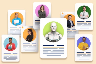 Image of Robot among human candidates. Resumes for recruiter on beige background. Artificial intelligence in recruitment