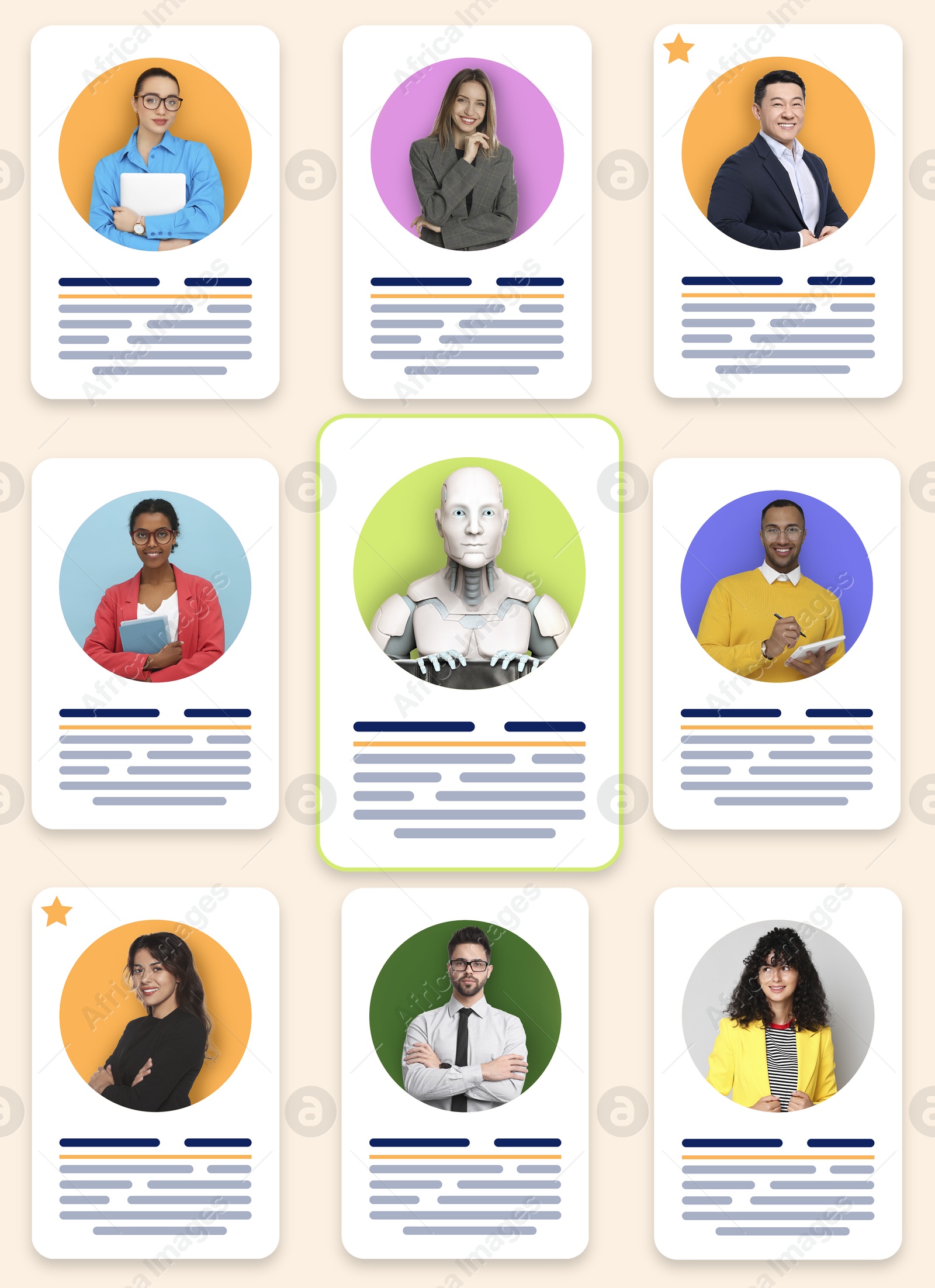 Robot among human candidates. Resumes for recruiter on beige background. Artificial intelligence in recruitment Image of Robot among human candidates. Resumes for recruiter on beige background. Artificial intelligence in recruitment