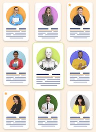 Image of Robot among human candidates. Resumes for recruiter on beige background. Artificial intelligence in recruitment