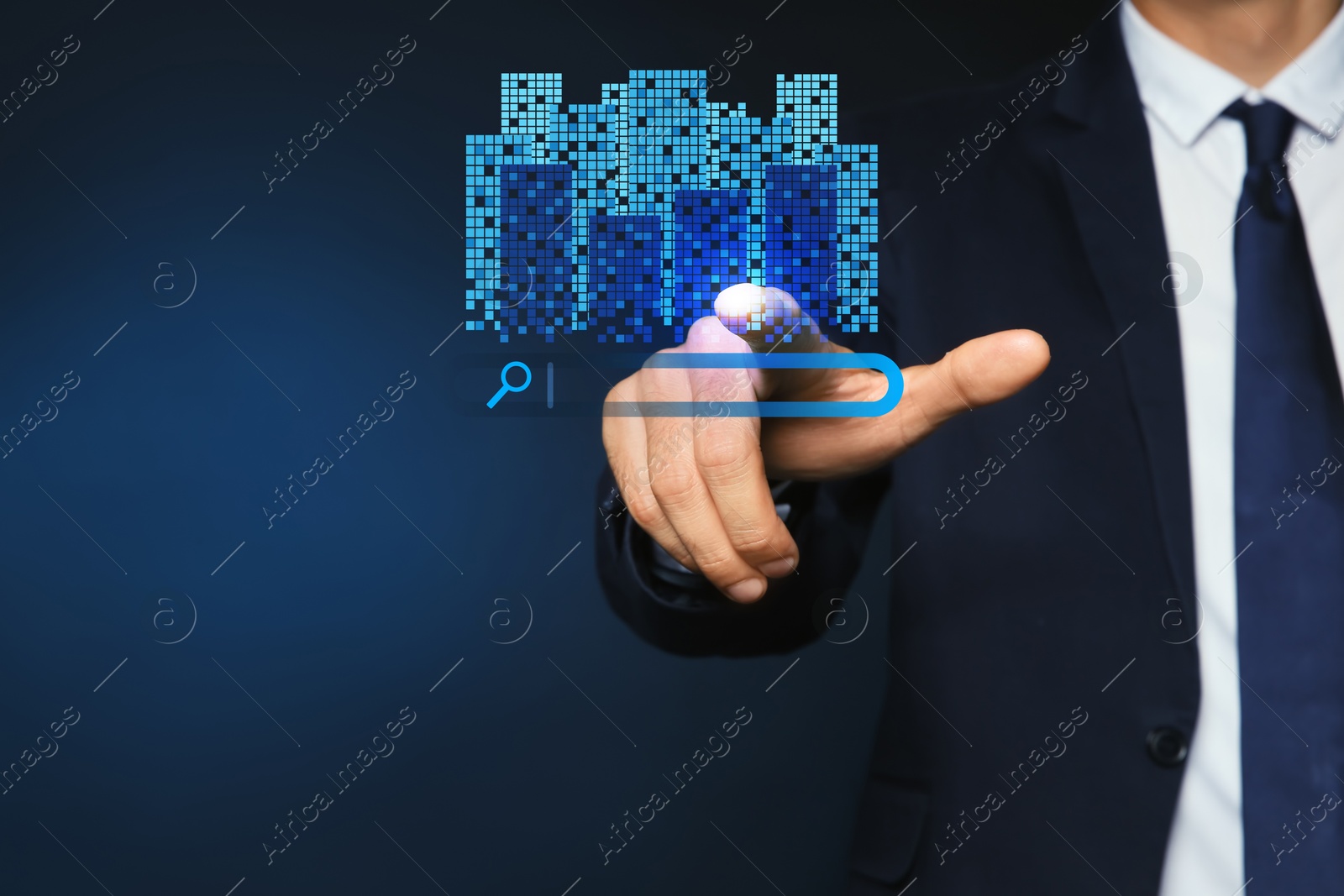 Image of Real estate agent using virtual screen with search bar and buildings against dark blue background, closeup. Searching for housing online
