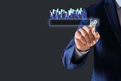 Image of Real estate agent using virtual screen with search bar and buildings against grey background, closeup. Searching for housing online