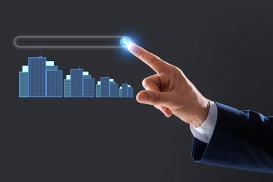 Image of Real estate agent using virtual screen with search bar and buildings against grey background, closeup. Searching for housing online