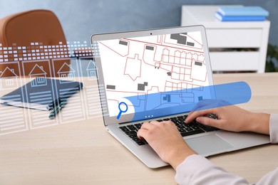 Image of Searching for housing online. Real estate agent using laptop at table, closeup. Search bar and house data near computer