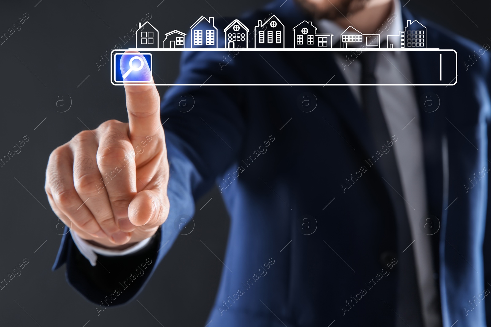 Image of Real estate agent using virtual screen with search bar and houses against dark grey background, closeup. Searching for housing online