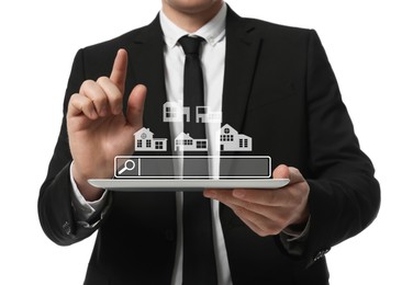 Image of Searching for housing online. Real estate agent using tablet computer against white background, closeup. Search bar with buildings above device