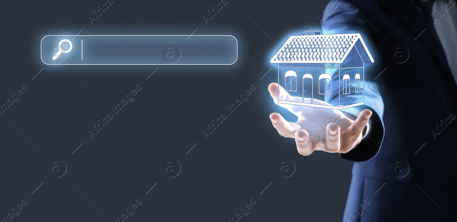 Real estate holding virtual house against dark grey background with search bar, closeup. Searching for housing online Image of Real estate holding virtual house against dark grey background with search bar, closeup. Searching for housing online