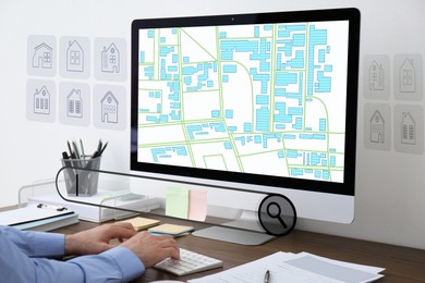 Image of Searching for housing online. Real estate agent using computer at table, closeup. Virtual search bar and house data