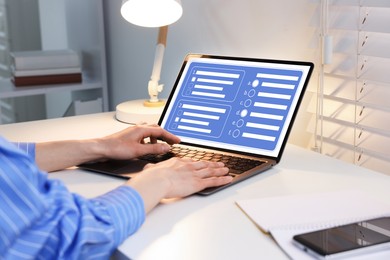 Image of Woman passing online test on laptop at table, closeup