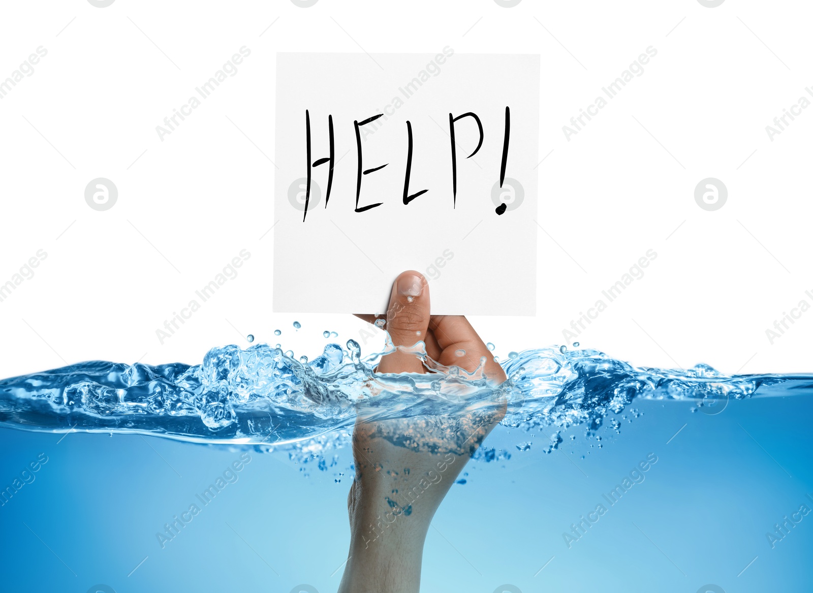 Paper with word Help in man's hand sticking out of water against white background Image of Paper with word Help in man's hand sticking out of water against white background