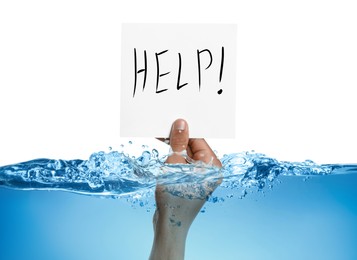 Image of Paper with word Help in man's hand sticking out of water against white background